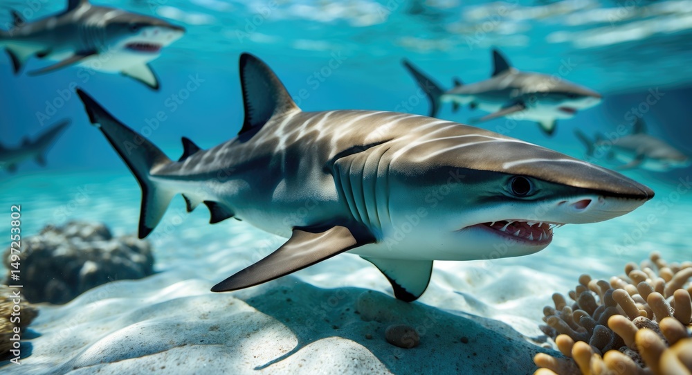 Obraz premium A shark swimming near the ocean floor with other sharks in the background. Marine life and ocean ecosystem. Predatory fish and underwater environment. The concept of marine biology.