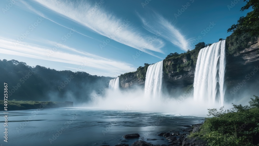 Fototapeta premium Waterfalls cascading over cliffs into a river with mist rising and lush greenery, under a bright blue sky with streaked clouds.