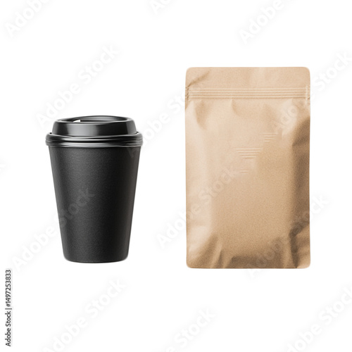 Black coffee cup and brown paper bag on white background clean product mockup