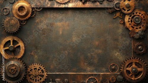 A detailed rusty metal steampunk frame with gears and industrial elements, perfect for a grunge background