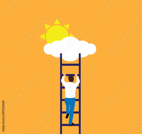 Man Climbing up the Ladder towards Cloud and Sun. Business ideas and problem solving, people and activities vector art