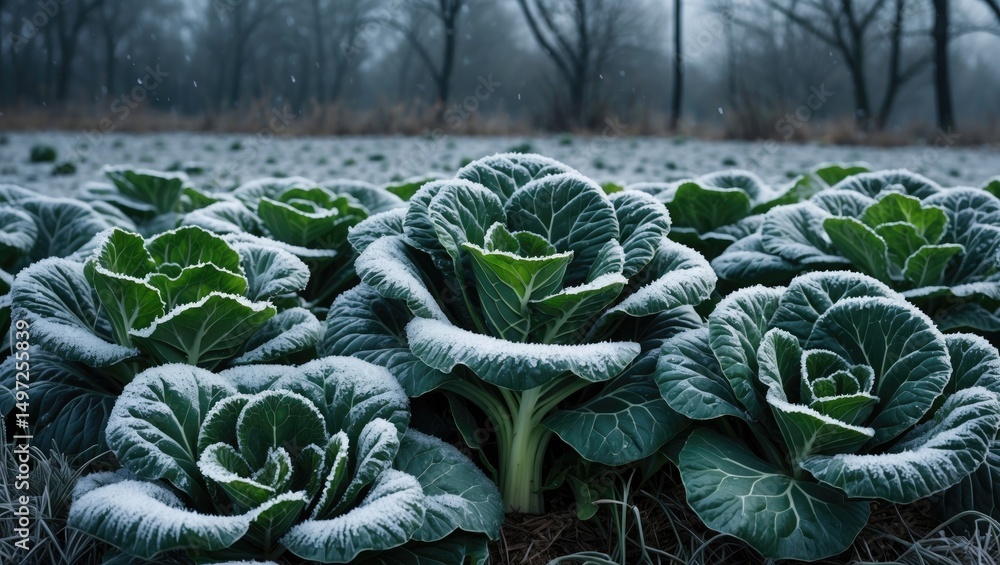 Obraz premium Frosty green cabbage plants growing in a field with a backdrop of leafless trees and a misty sky.