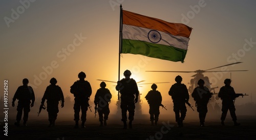 Indian Soldiers Marching with Flag during Sunset Military Parade