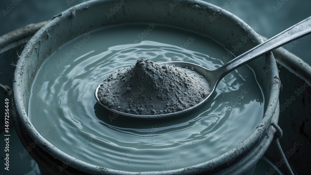 Fototapeta premium Photograph of a bucket filled with dark grey powder and water with a metal spoon.