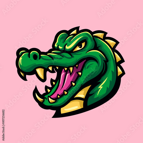 Green crocodile head logo with fierce expression on pink background, representing esports team identity and branding
