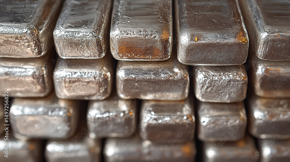 Close up view of stacked silver bullion bars, showcasing wealth reserve Close up view of stacked silver bullion bars, showcasing wealth reserve