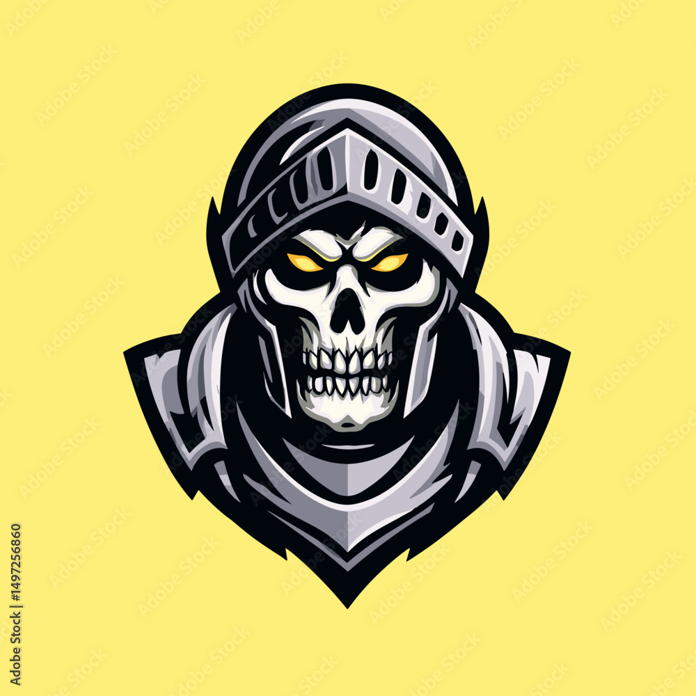 Fototapeta premium Stylized esports logo featuring a skull in armor on a vibrant yellow background ideal for gaming teams and competitions