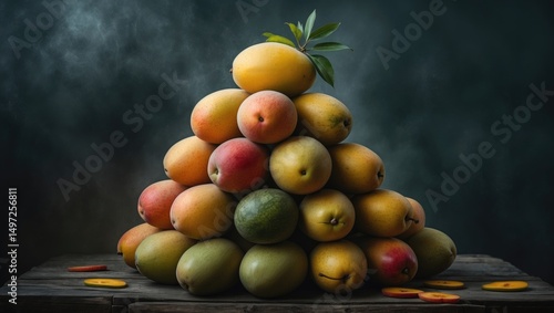 Wallpaper Mural A pyramid of ripe mangoes with leaves on top, arranged in a rustic setting with scattered mango slices around. Torontodigital.ca