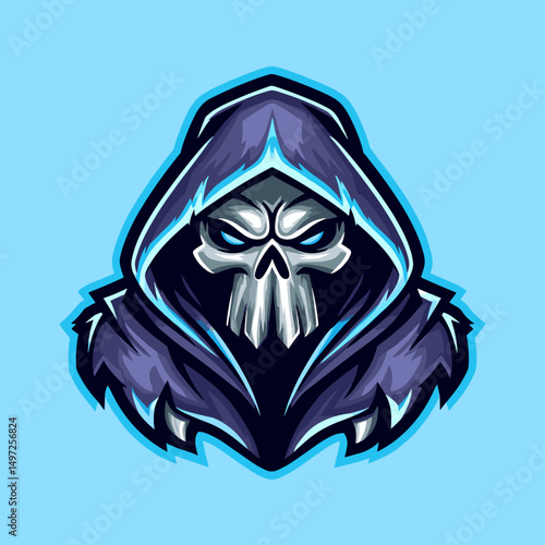 Creative esports logo featuring a menacing skull in a hooded cloak with vibrant blue accents on a light blue background