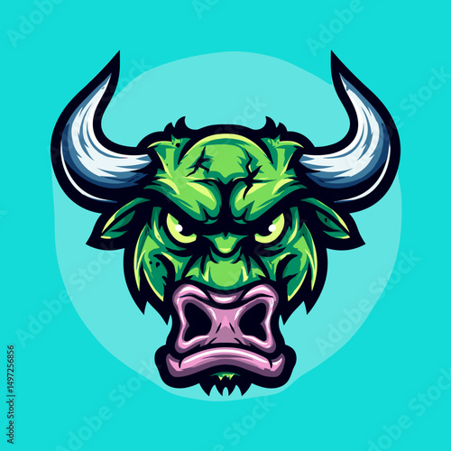 Bold esports logo featuring a fierce green bull with horns set against a bright blue background
