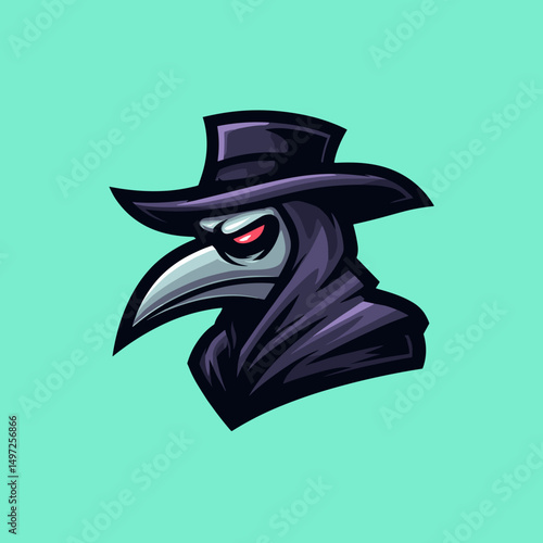 Creative esports logo featuring a mysterious bird with a hat and piercing eyes on a vibrant background