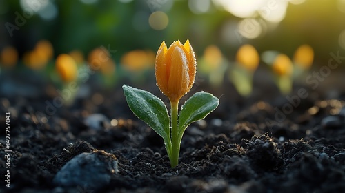 Close-up of a vibrant yellow flower emerging from fertile soil in golden light