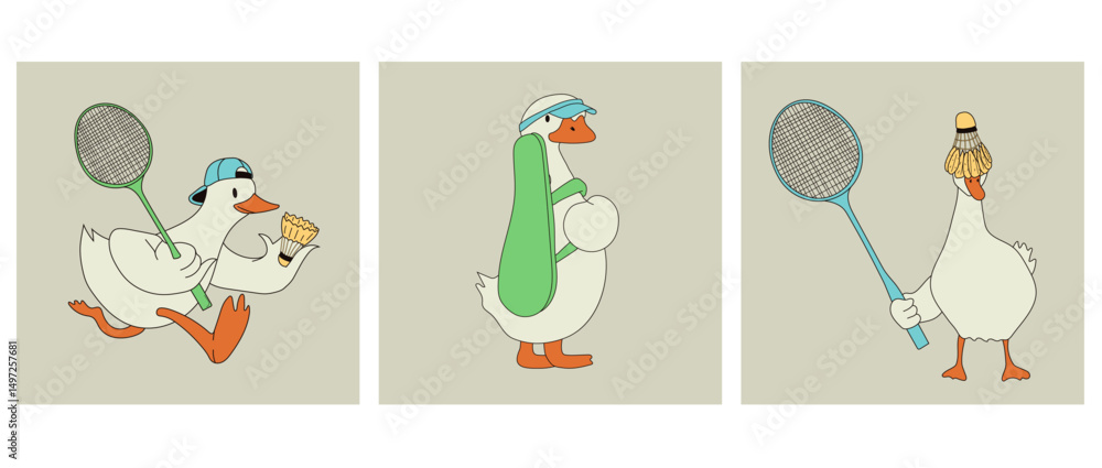 Fototapeta premium Set of three Cartoon Duck Playing Badminton with Racket and Shuttlecock