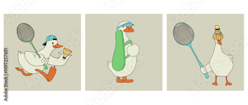 Set of three Cartoon Duck Playing Badminton with Racket and Shuttlecock