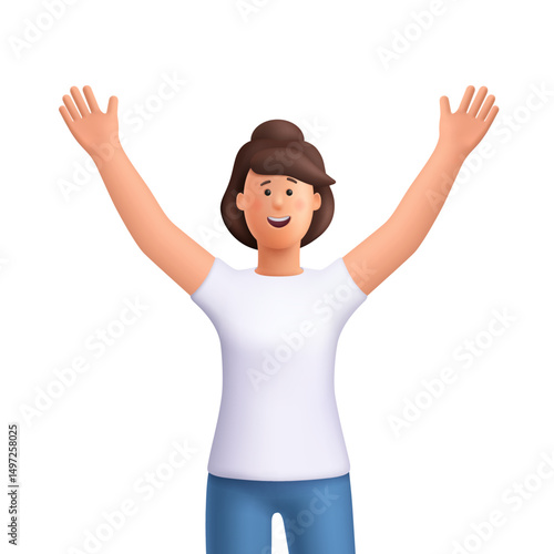 Young smiling woman Jane standing with raised hands. Celebrating, goal achievement, victory and win concept. 3d vector people character. Cartoon minimal style.