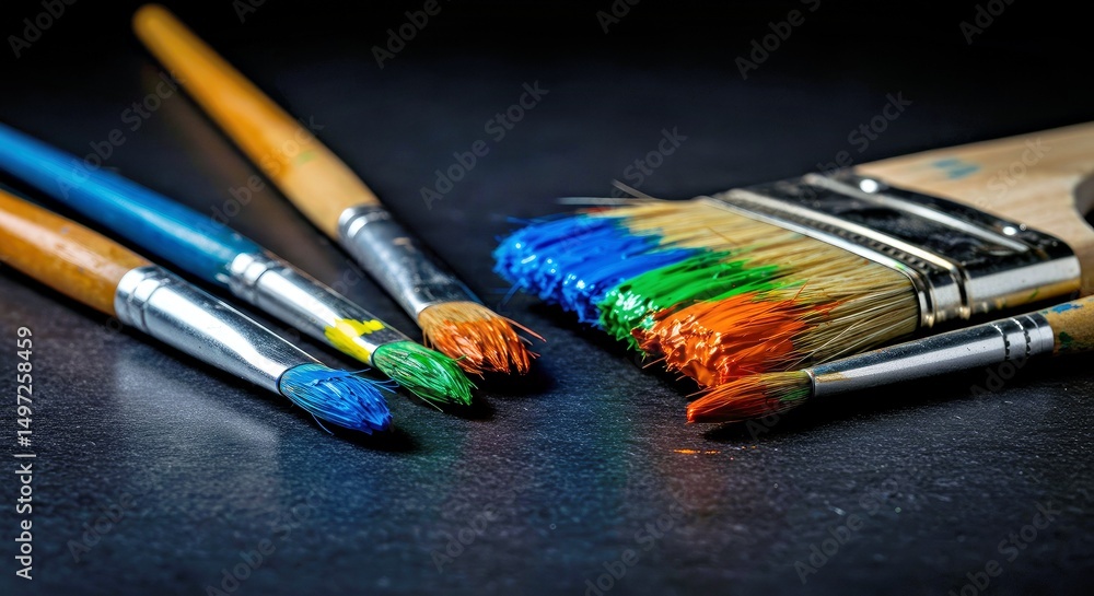 Obraz premium Creative Colorful Paintbrushes with Paint Marks on a Deep Background