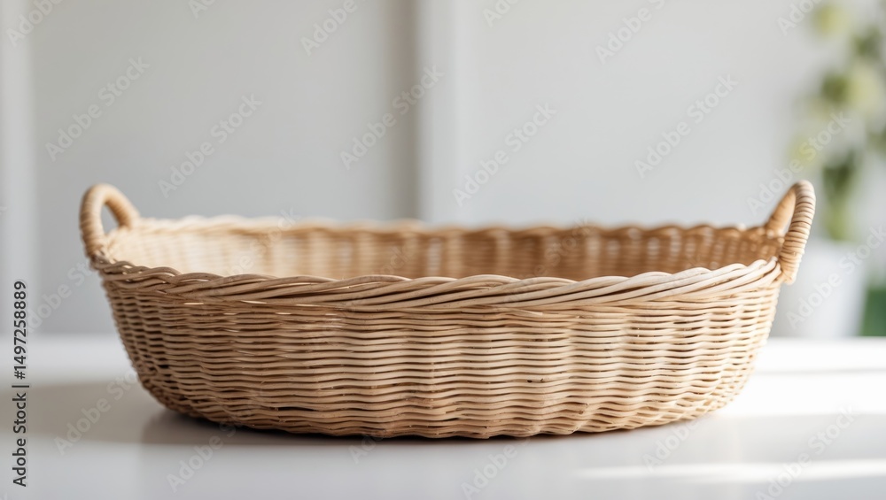 Fototapeta premium Round light brown woven basket, isolated on a white surface
