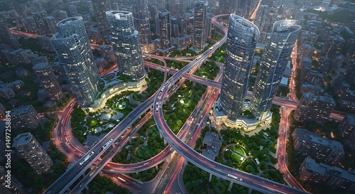 Aerial view of futuristic city highway system	