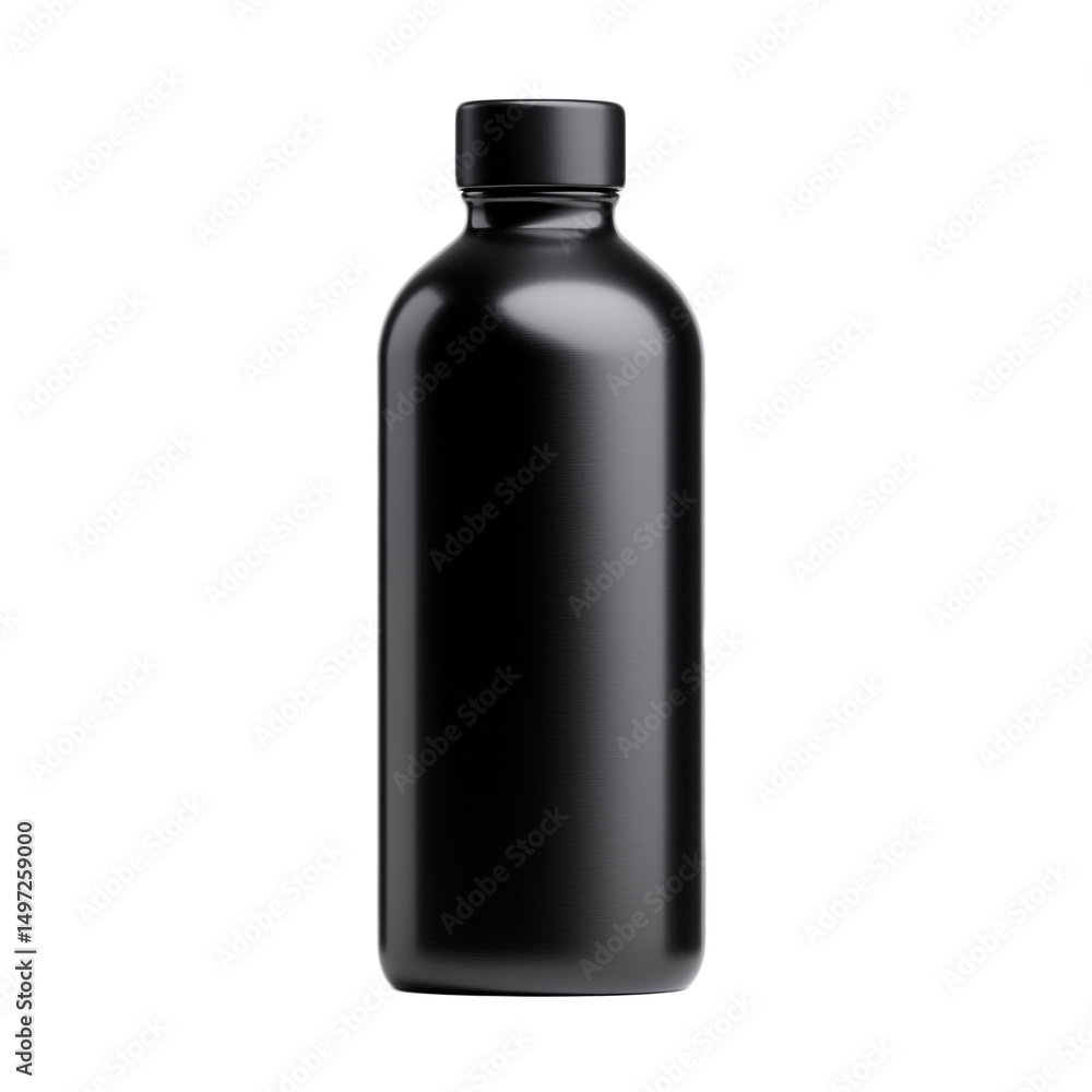 Sleek black water bottle isolated on white background for product mockups Sleek black water bottle isolated on white background for product mockups