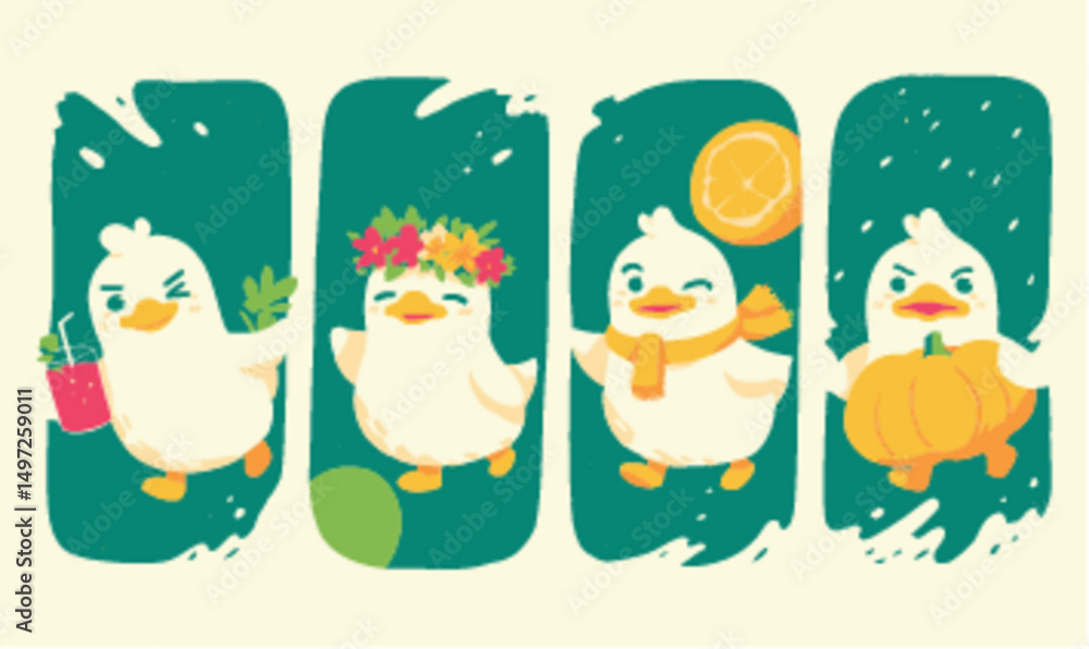 Naklejka premium Whimsical Cartoon Ducks in Seasonal Themes with Playful Expressions