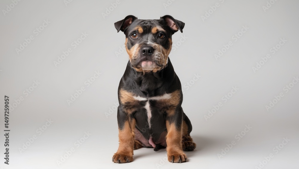 Obraz premium A cute puppy with black and brown fur sitting on a plain white background.