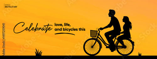 A romantic silhouette of a couple riding a bicycle at sunset, celebrating World Bicycle Day. Highlights eco-friendly travel, health, and love. Perfect for posters, campaigns, and social media.