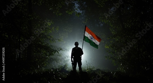 Solitary figure holding Indian flag amid the dense misty forest silhouette serene landscape