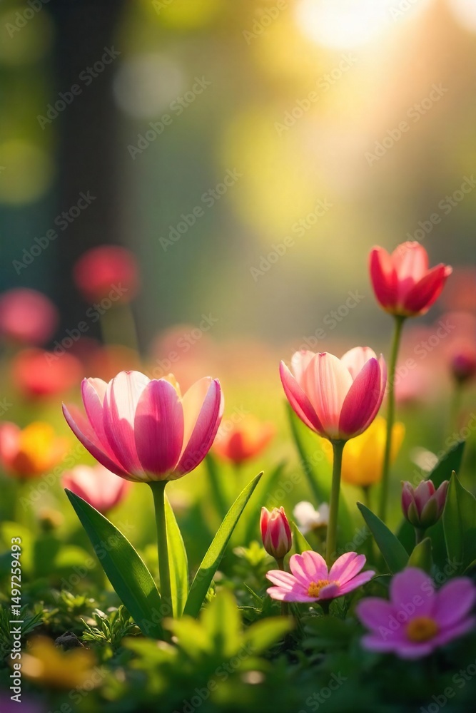 Obraz premium Vibrant spring flowers blooming in a lush garden, bathed in the warm sunlight of a beautiful springtime day Perfect for calendars, websites, and spring-themed projects , landscape, purple