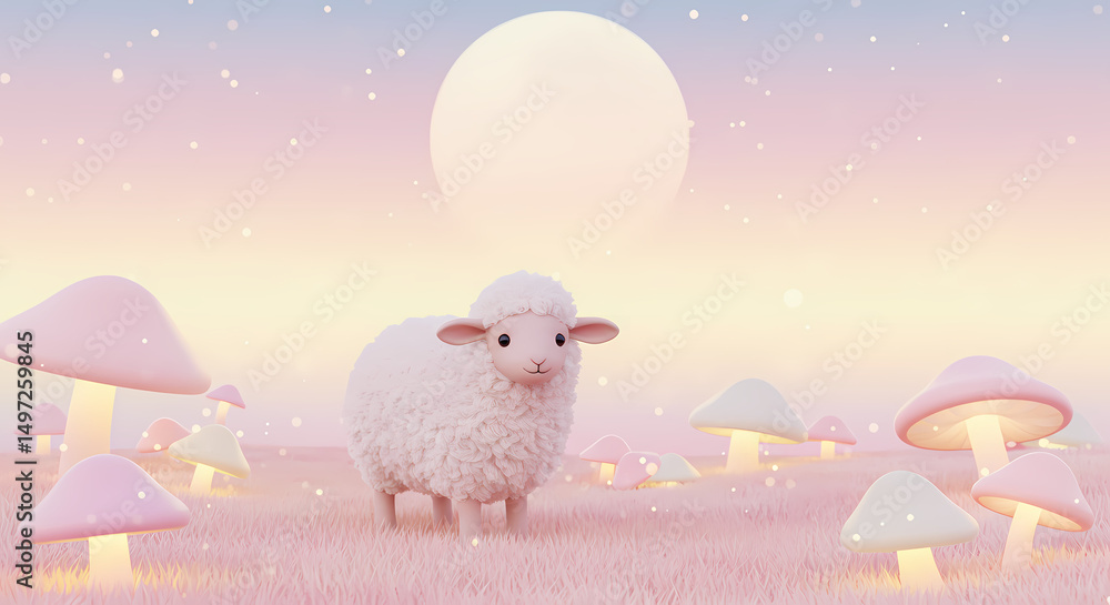 Cute Lamb in Pastel Mushroom Field | Dreamy Fantasy Art Cute Lamb in Pastel Mushroom Field | Dreamy Fantasy Art