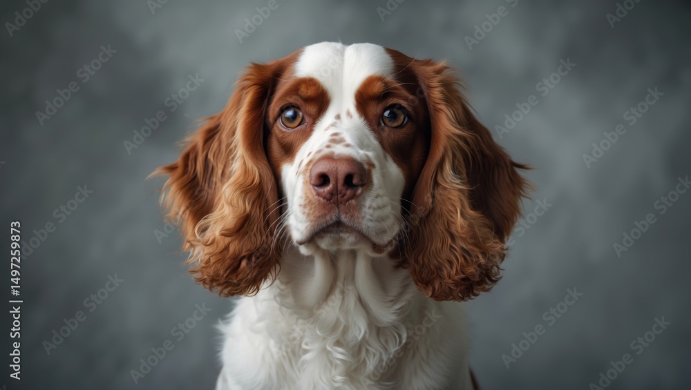 Portrait of a cute red and white spaniel dog on a grey background. Portrait of a cute red and white spaniel dog on a grey background.