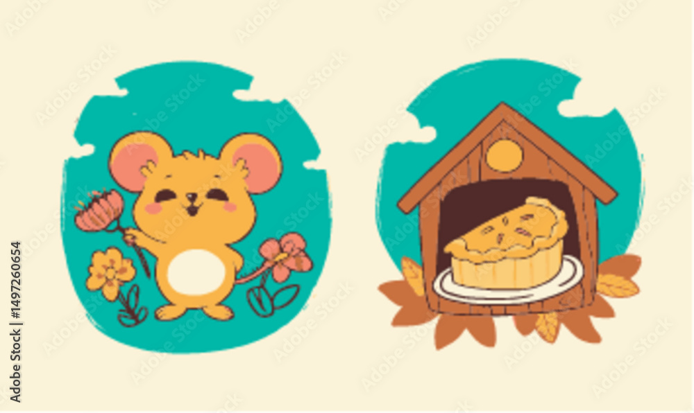 Naklejka premium Cute Cartoon Mouse with Flowers and Pie in Rustic Setting Design