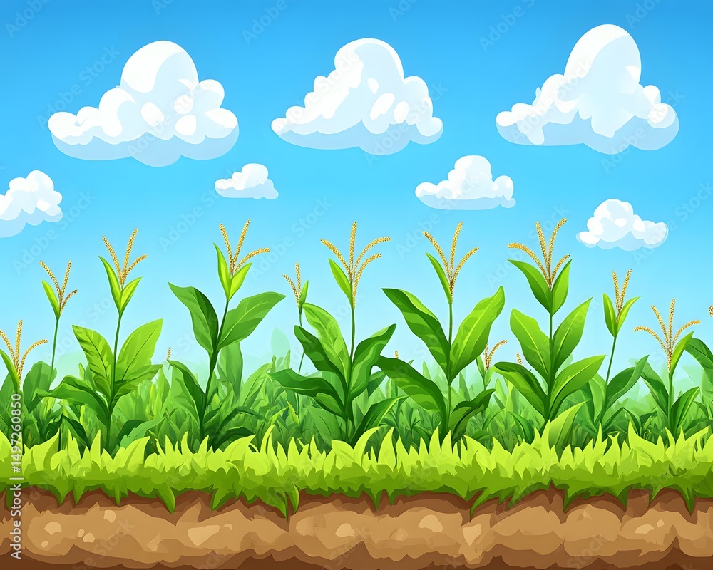 Fototapeta premium Vibrant Green Cornfield Landscape under Sunny Sky