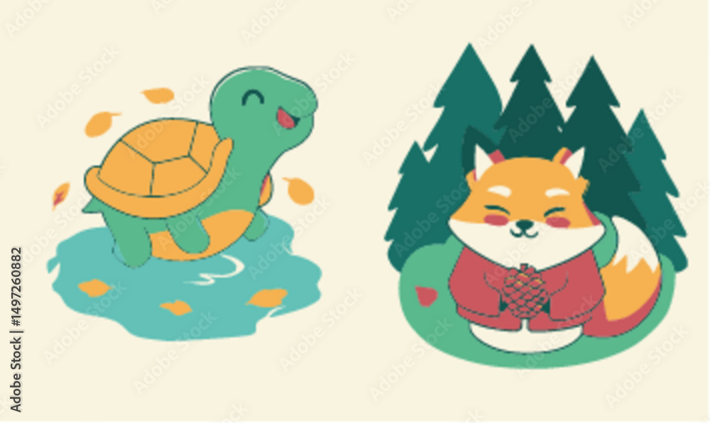 Happy Turtle and Fox Characters with Autumn Leaves and Pine Trees Happy Turtle and Fox Characters with Autumn Leaves and Pine Trees
