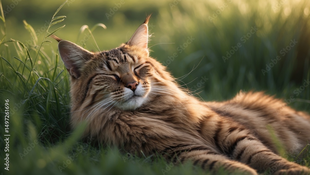 Fototapeta premium Resting wild cat in the grass. Serene concept.