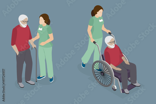 Elderly people support. Senior man with walking stick and wheelchair. Nurse helping him. 3d isometric flat illustration.