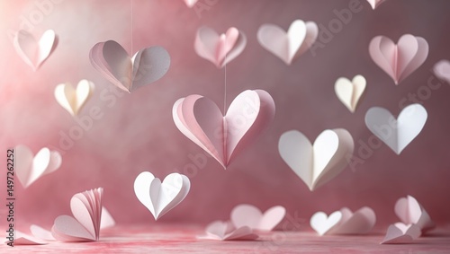 Set against a pastel pink background, paper hearts appear.