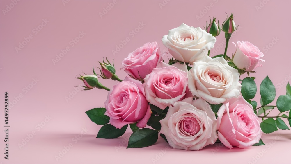 Roses in pink and white hues set on a pink background with available space. Side view in minimalistic style. Roses in pink and white hues set on a pink background with available space. Side view in minimalistic style.