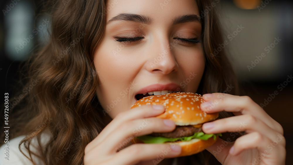 Young woman with curly brown hair, smiling happily while holding and about to eat a burger. Fast food enjoyment, delicious meal, indulging in a burger, and satisfying hunger. Young woman with curly brown hair, smiling happily while holding and about to eat a burger. Fast food enjoyment, delicious meal, indulging in a burger, and satisfying hunger.