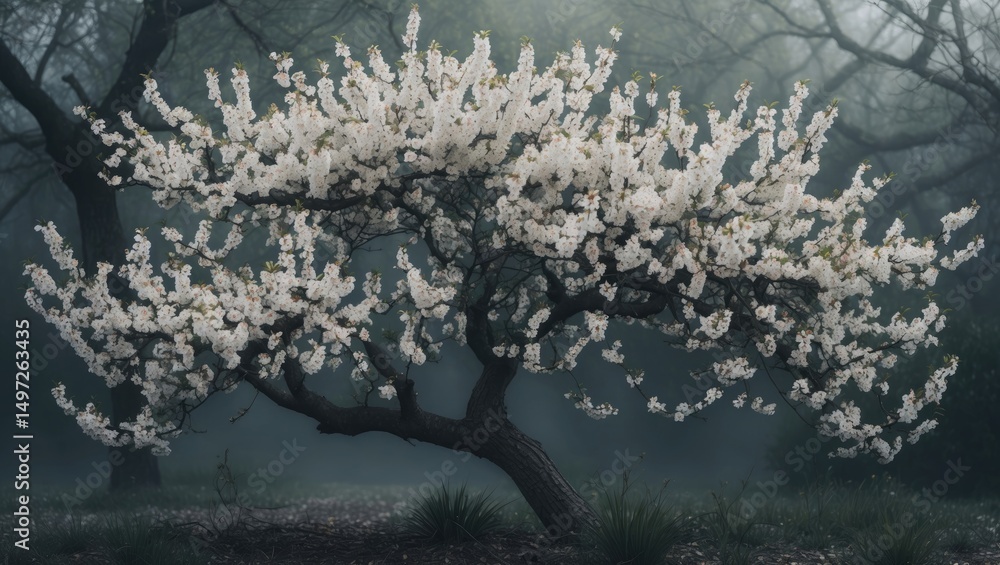 Fototapeta premium A flowering tree with white blossoms in a foggy landscape. Nature and spring season, tranquility, and peaceful scenery. The concept of serenity and natural beauty.