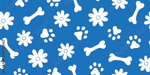 Dog paw footprint bone and flower seamless pattern in white and blue colors. Design for fabric, textile, wrapping, wallpaper, background.