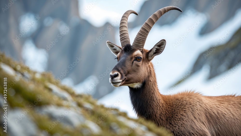 A mountain goat with curved horns in a rocky, snowy landscape. Wildlife and nature scene. Mountain terrain and animal habitat. The scene of a wild goat in a rugged environment A mountain goat with curved horns in a rocky, snowy landscape. Wildlife and nature scene. Mountain terrain and animal habitat. The scene of a wild goat in a rugged environment