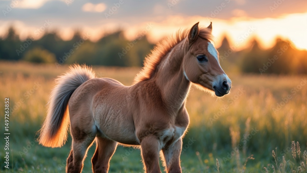 Fototapeta premium Small horse foal outdoors during sunset with warm sunlight and grassy background.