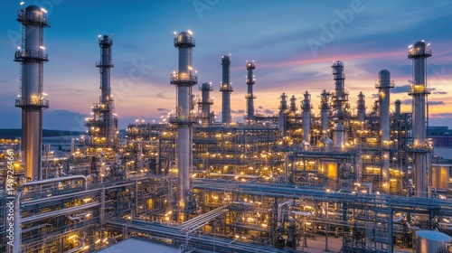 Wallpaper Mural Industrial complex at dusk, showcasing intricate network of structures, pipes, and towers illuminated against a vibrant sunset sky Torontodigital.ca