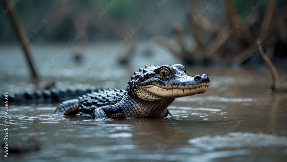 Fototapeta premium Young crocodile in water with small waves and muddy background. Reptile and wildlife, nature scene. The wildlife and aquatic habitat. The concept of wildlife and nature environment.