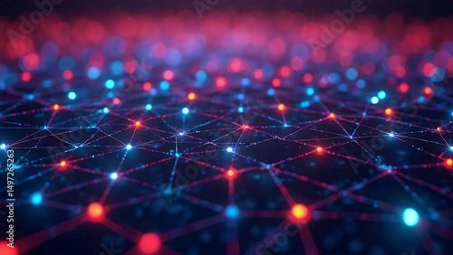 3D digital grid with dynamic pulsing lights connected by thin neon lines abstract technology background futuristic cyberspace data network visualization

