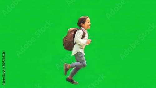 Child's Journey: A young student bounds forward with joyful energy, his backpack bouncing with him, set against a vibrant green backdrop, embodying the excitement of learning.