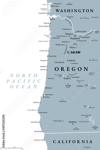 Oregon Coast, gray political map. Coastal region of U.S. state of Oregon, bordered by Pacific Ocean to the west and Oregon Coast Range to the east, stretching from Columbia River to California border.