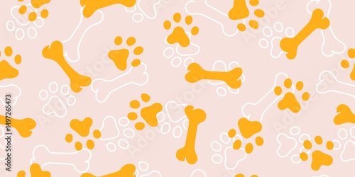 Very cute dog paw footprint seamless pattern, design for fabric, textile, wrapping, wallpaper, background.