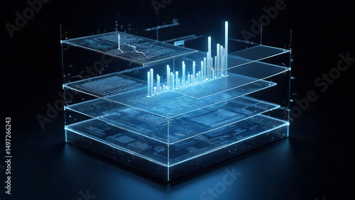 Stacked translucent panels displaying evolving holographic graphs and charts hovering in 3D space neon outlines with soft glowing effects on black background

