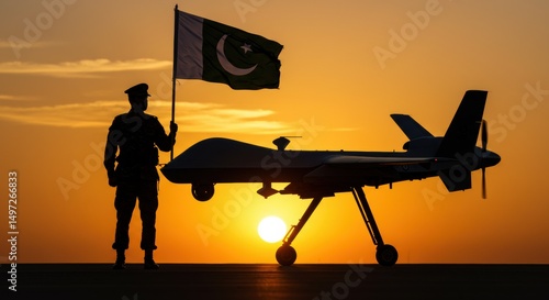 Patriotic Pakistani Air Force Pilot Standing Next to Drone with National Flag at Sunset